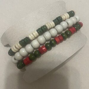 Beaded Bracelet Trio — Green, White & Red